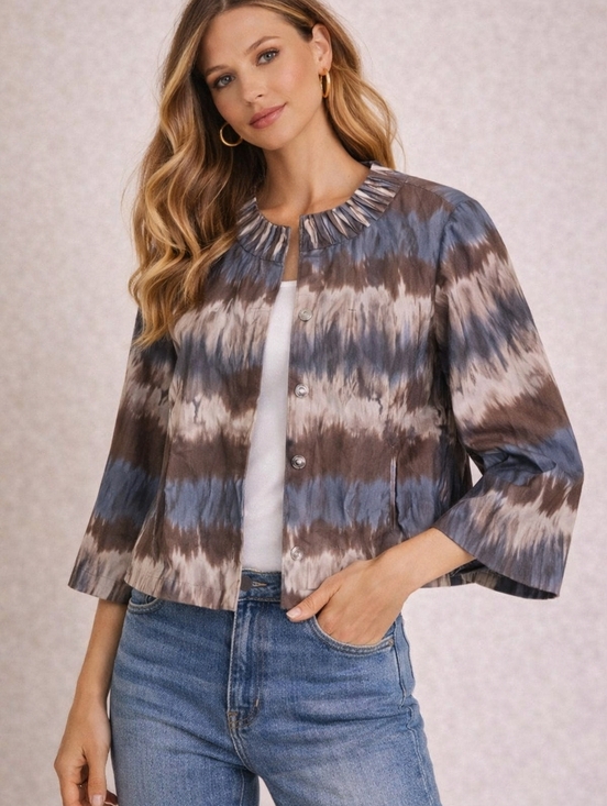 Chico's Jackets & Blazers - Chico’s Tie Dye Jacket Womens Size 2 L Blue Brown Cropped Snap Front Lightweight
